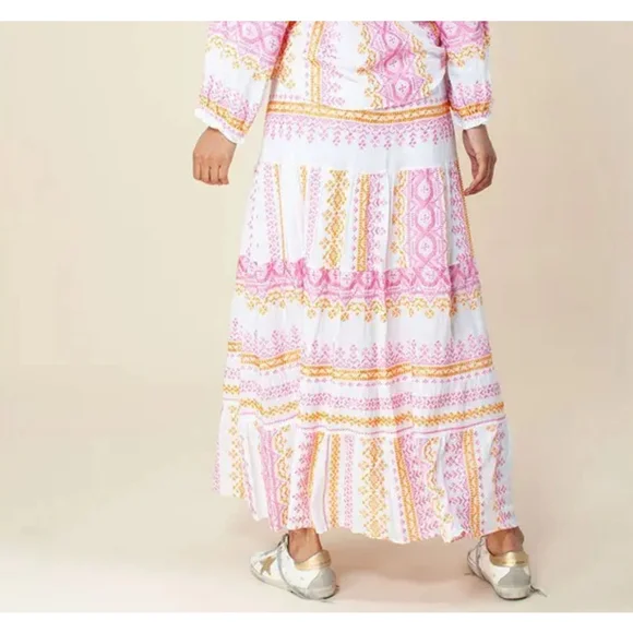 HALE BOB Piera GAUZE EMBROIDERED White + Pink Tiered MAXI SKIRT Layered WOMENS M - Picture 2 of 9